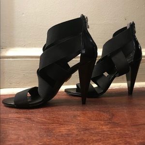 Pour La Victoire Black Elastic Strap Heels Sandals